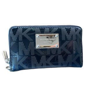 Michael Kors Black Patent Logo Zip Wallet